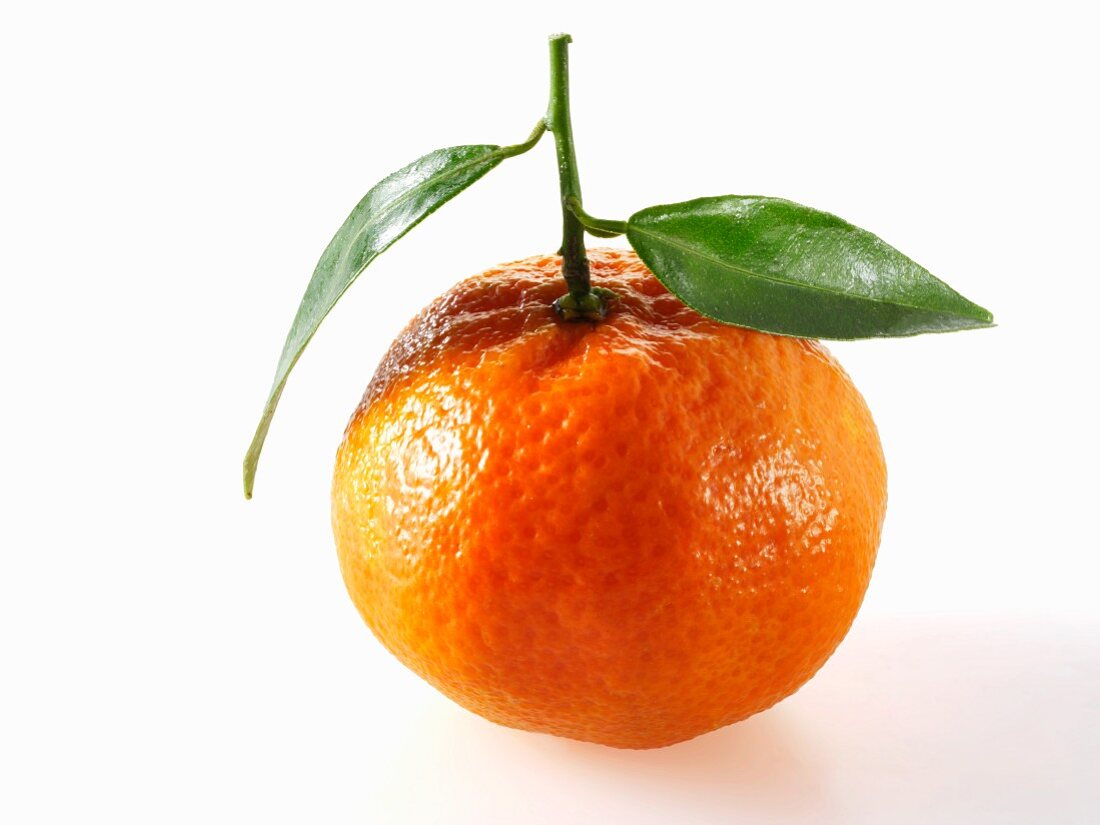 Eine Mandarine mit Blättern