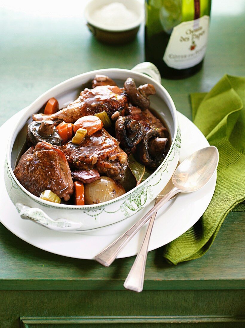 Coq au vin in a baking dish