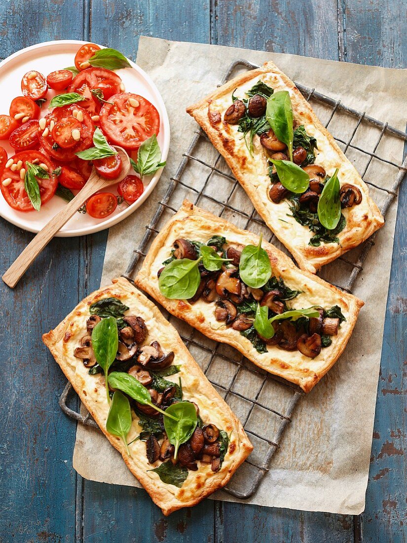 Mushroom and spinach tartlets with tomato salad