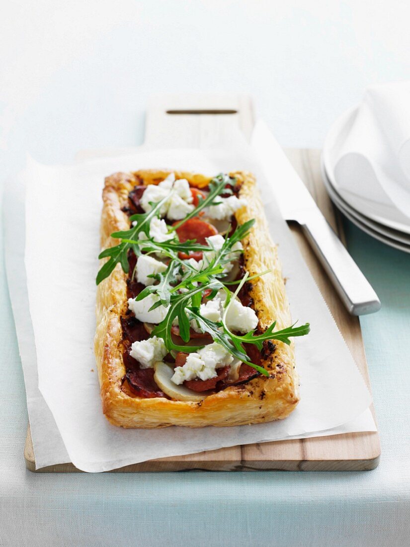 Puff pastry tart with chorizo and feta