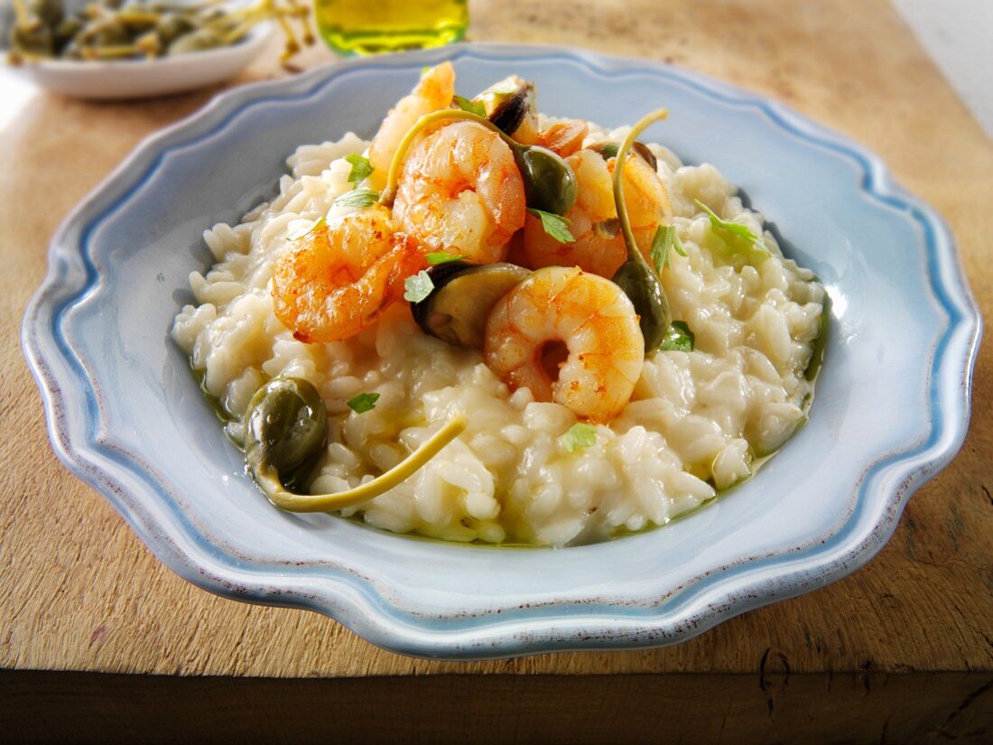 Risoto with prawns and giant capers
