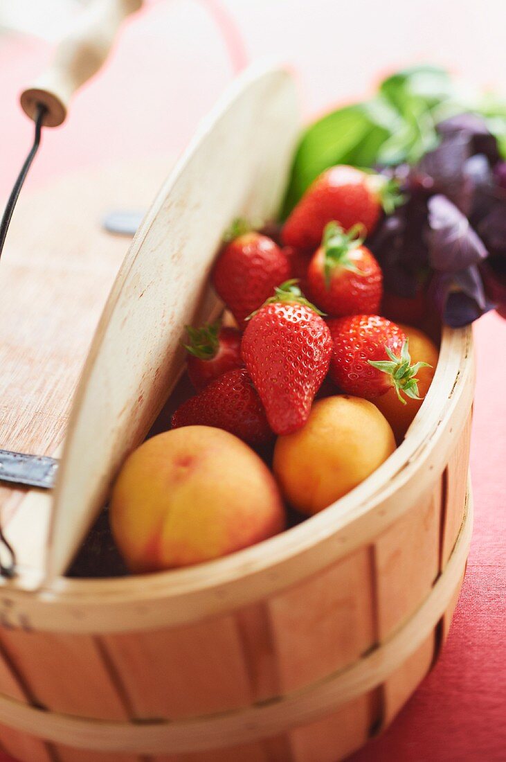 Apricots and strawberries in a wooden basket