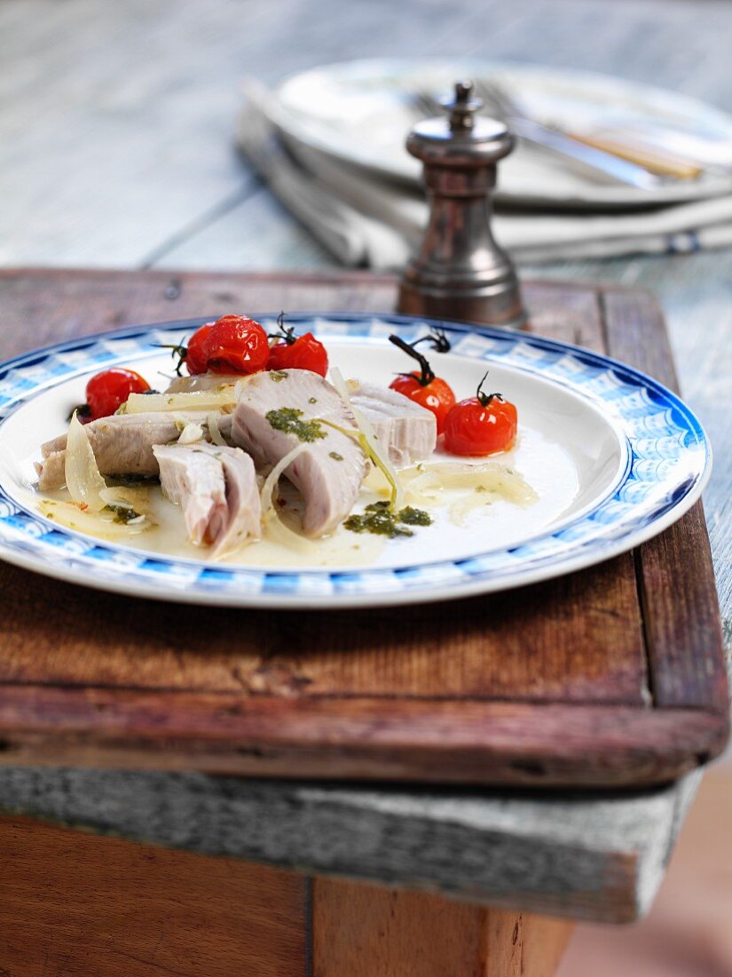 Marinated tuna with roast cherry tomatoes