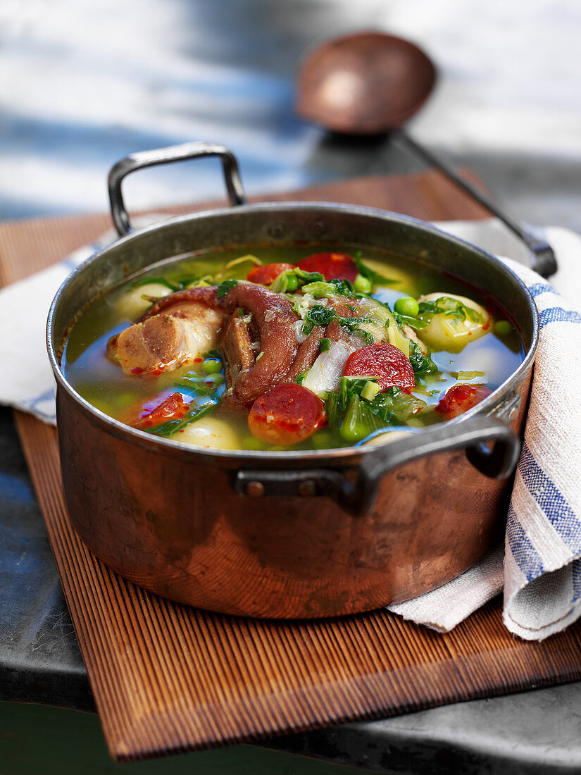 Vegetable soup with sausage slices (El Bierzo, Spain)