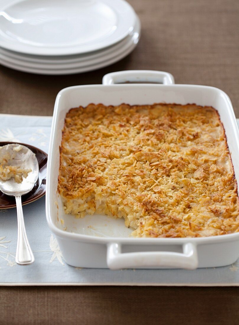 Funeral Potatoes; Potato Casserole in a Baking Dish