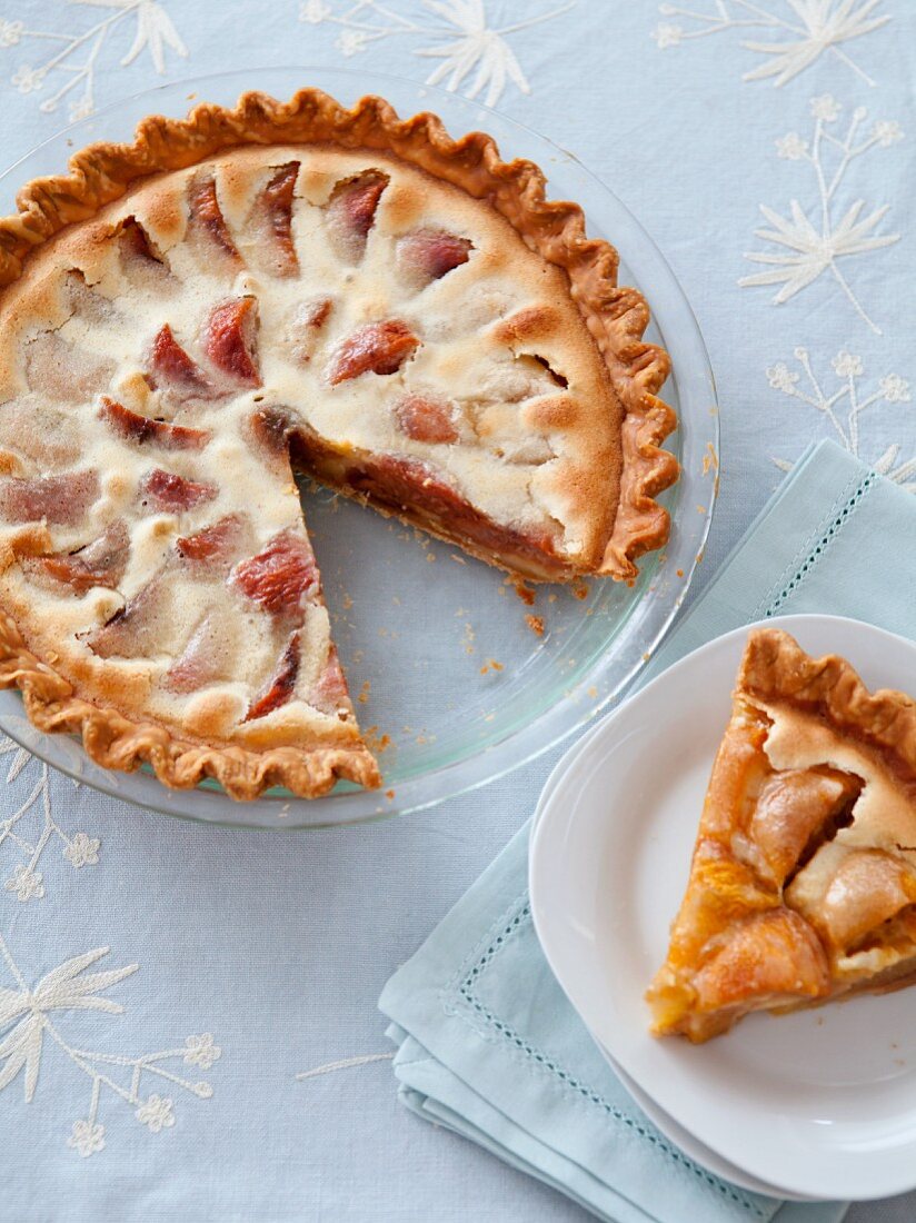 Peaches and Cream Pie; Pie in Plate with Slice Removed; Piece on a Plate