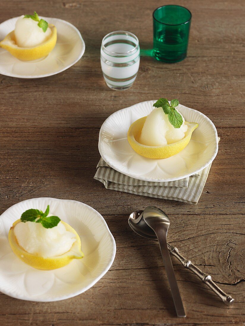 Lemon-mint sorbet in a scooped out lemon half