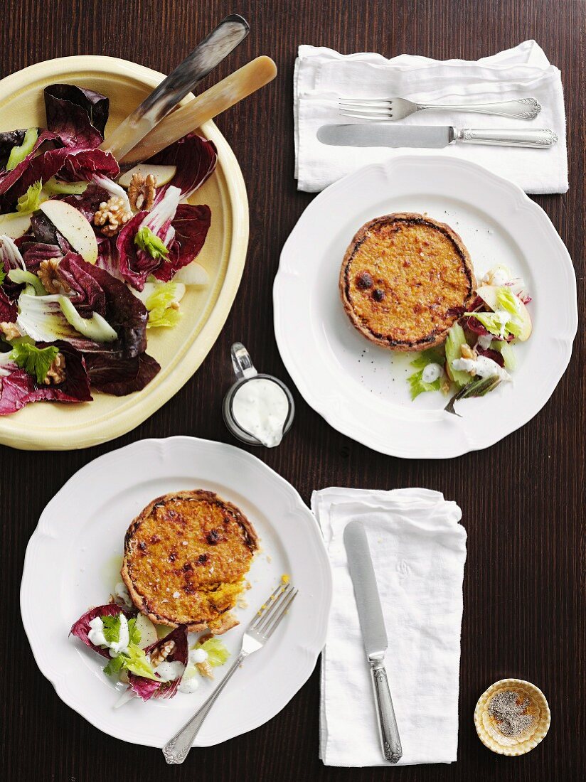 Pumpkin tartlets with radicchio salad and gorgonzola dressing
