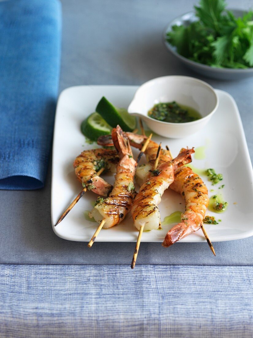 Grilled Shrimp on Wooden Skewers with an Herb Sauce