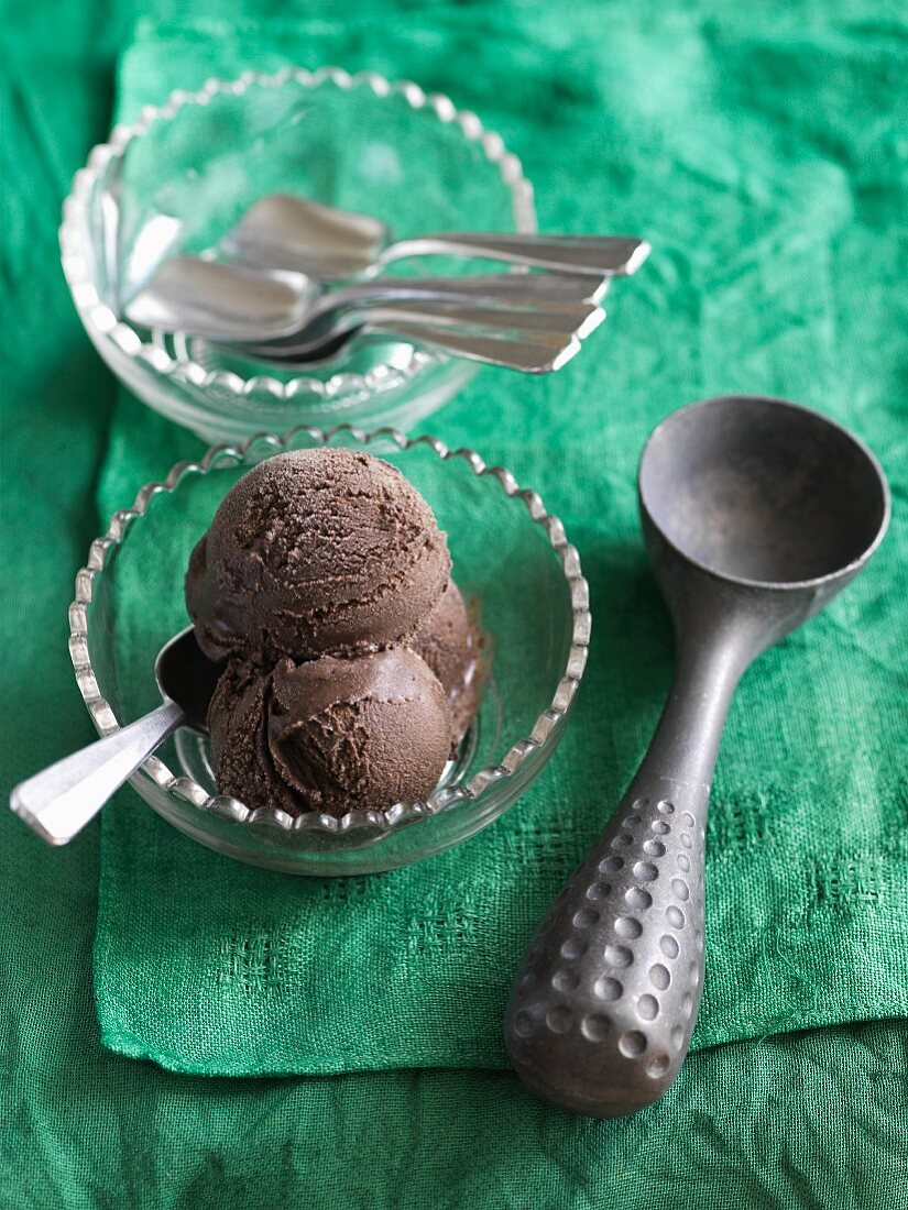 Dark Chocolate Ice Cream in a Glass Bowl' Metal Ice Cream Scoop