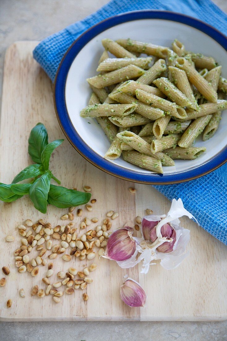 Whole Wheat Penne Pasta with Pesto Sauce; Fresh Ingredients