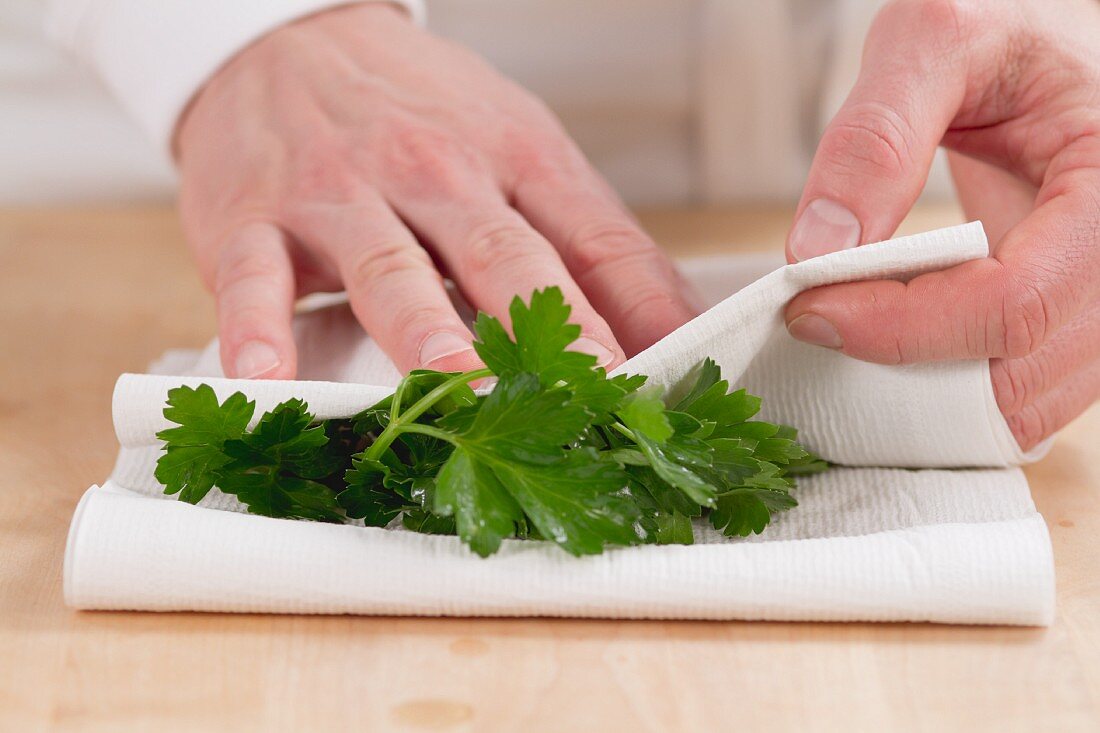 Patting parsley dry with paper towel