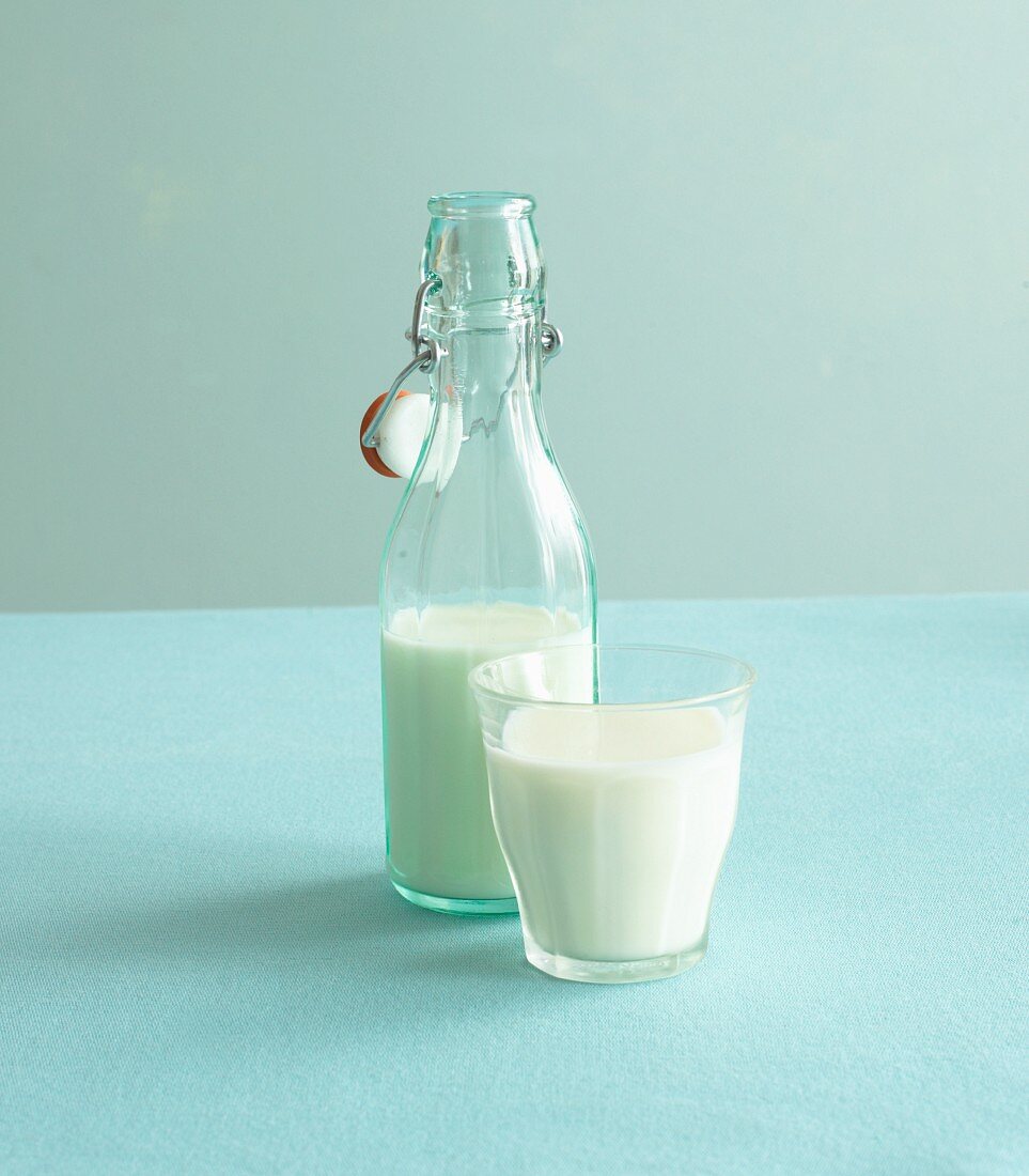 Milk in glass and bottle