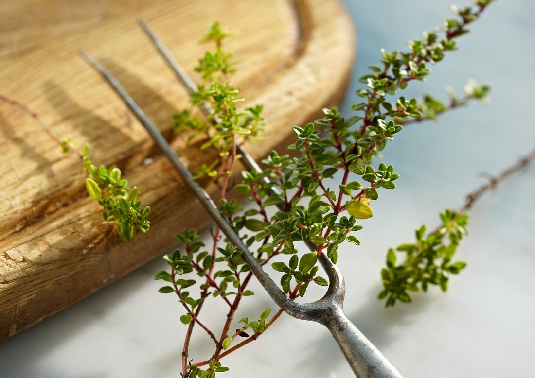 Fresh thyme with a meat fork on a chopping board