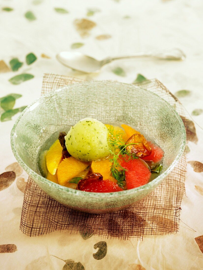 Citrus fruit compote with basil sorbet