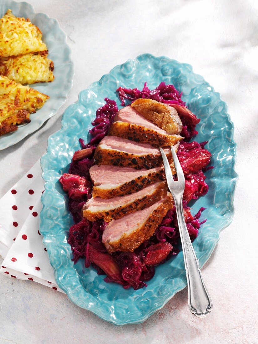 Roast duck with rhubarb-red cabbage