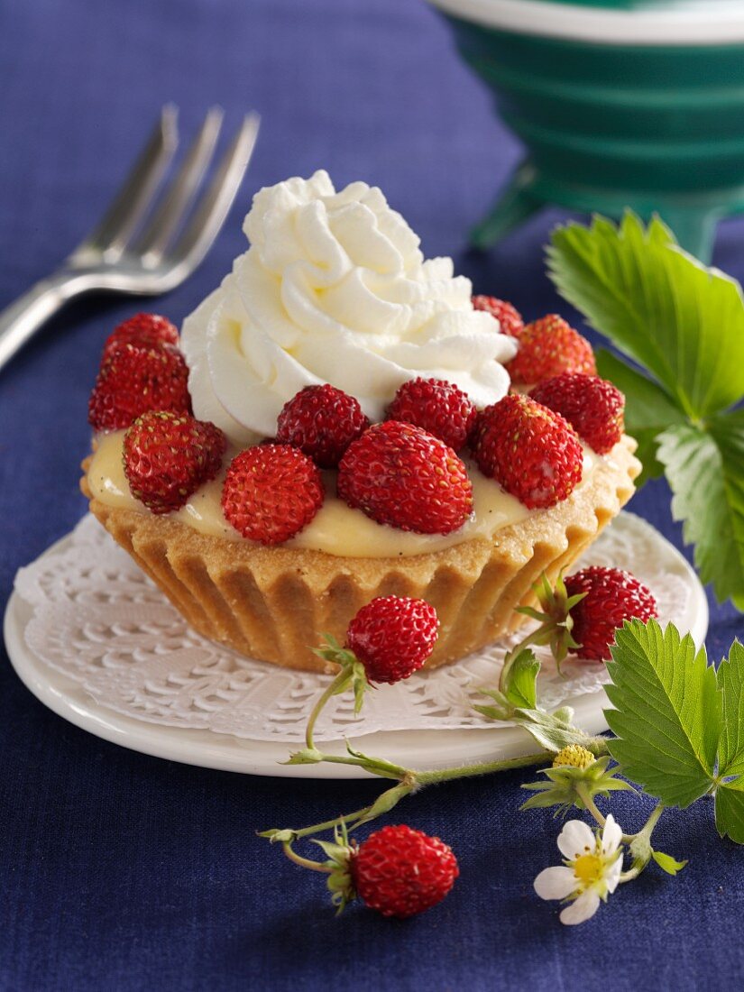 Törtchen mit Konditorcreme, Walderdbeeren und Sahnehaube