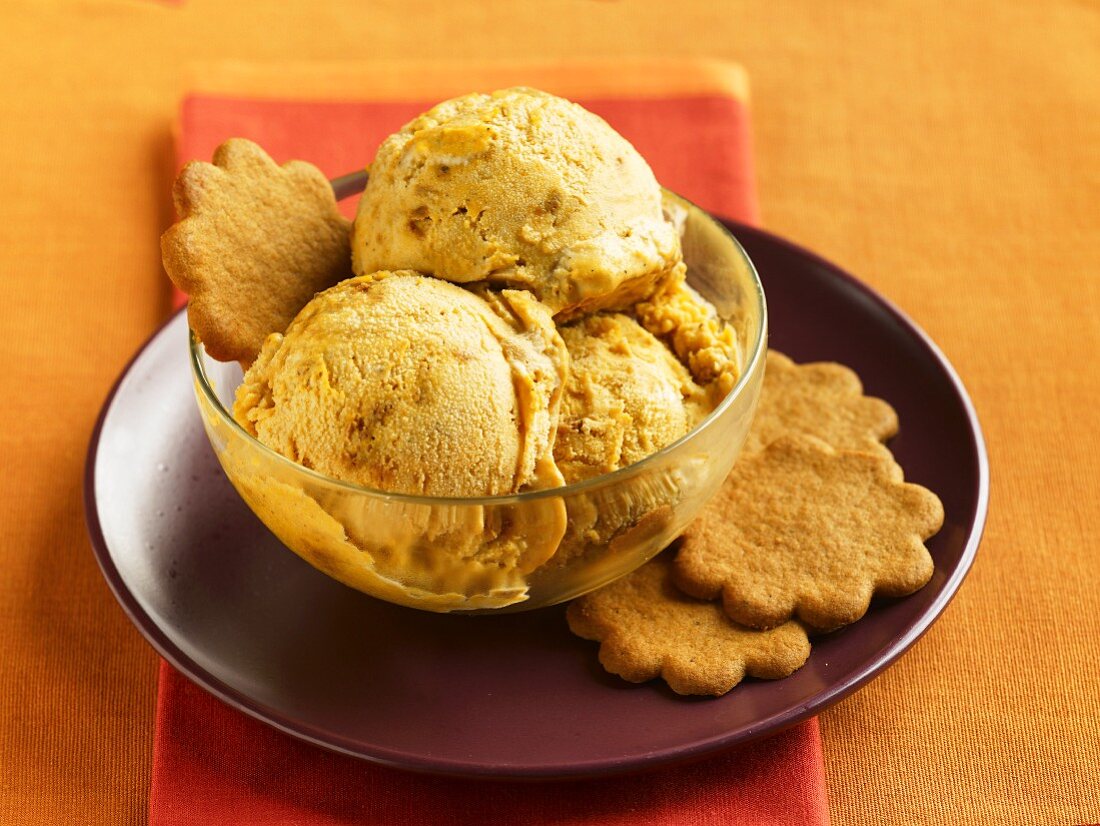 Bowl of Butterscotch Ice Cream with Sugar Cookies