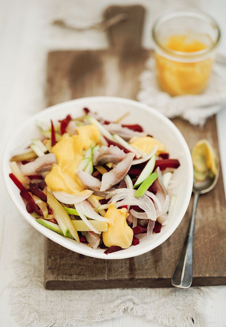 Herring salad with apples, onions and homemade mayonnaise