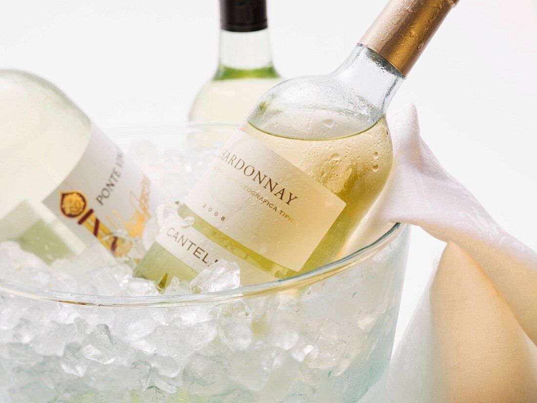 Bottles of white wine in a container of ice cubes