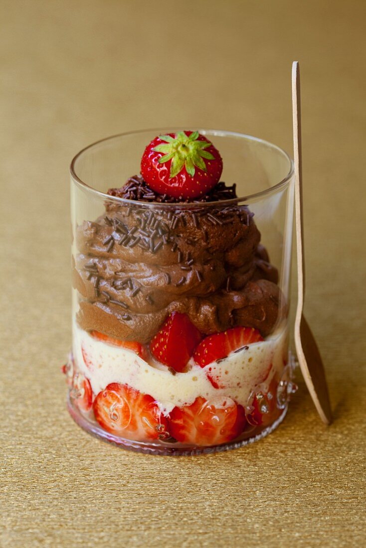 Chocolate mousse with strawberries and lemon mousse