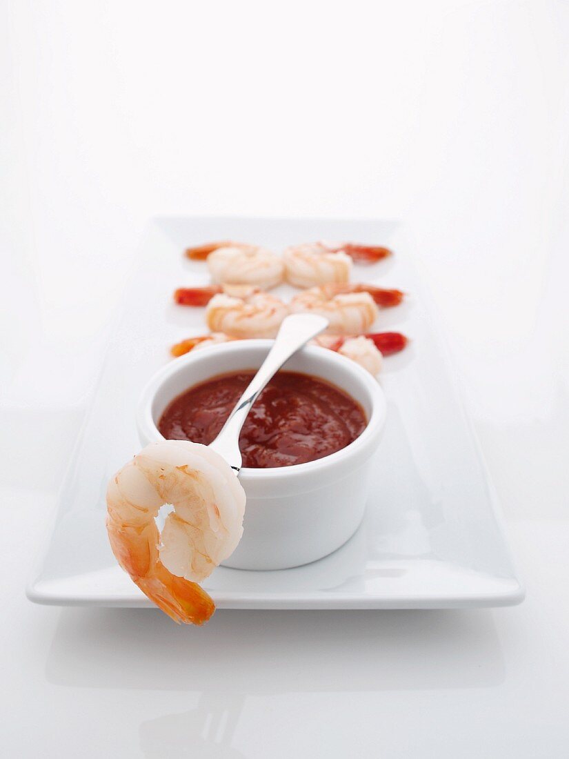Shrimp Cocktail on a Platter with Fork; White Background