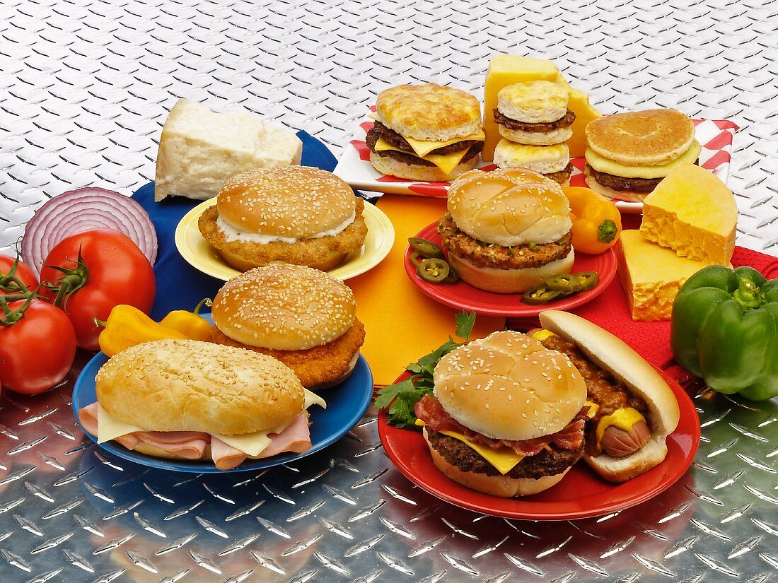 Variety of Sandwiches and Burgers on Assorted Breads