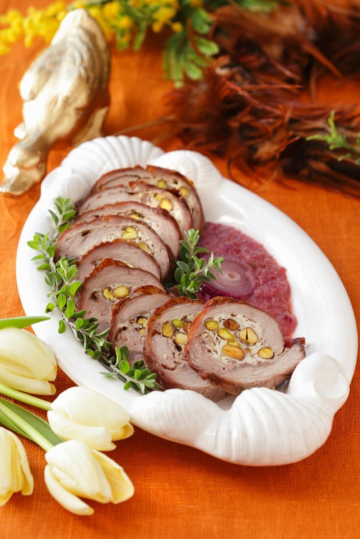 Roast veal roulade with pistachios for Easter