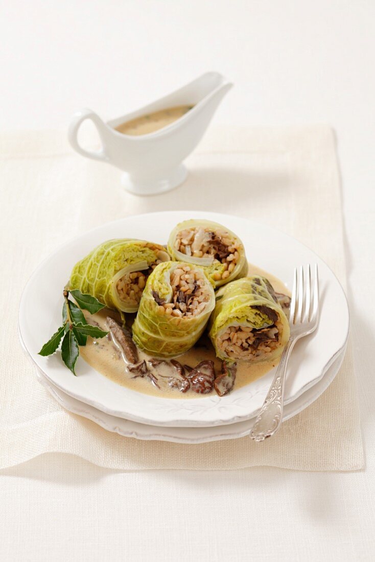 Savoy cabbage roulade with barley and mushrooms
