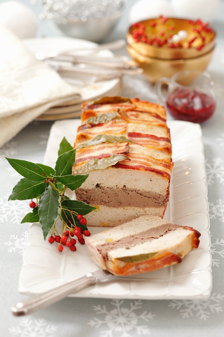 A chicken and liver meat loaf wrapped in pancetta