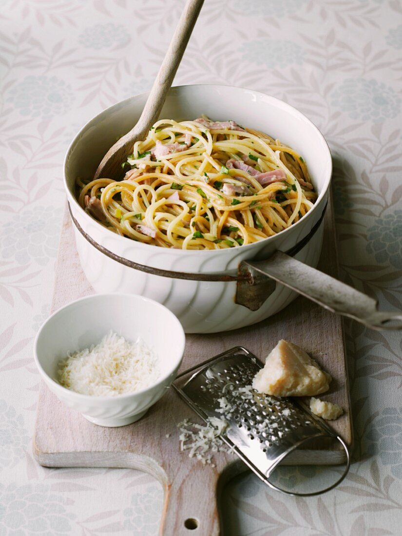 Spaghetti carbonara with Parmesan