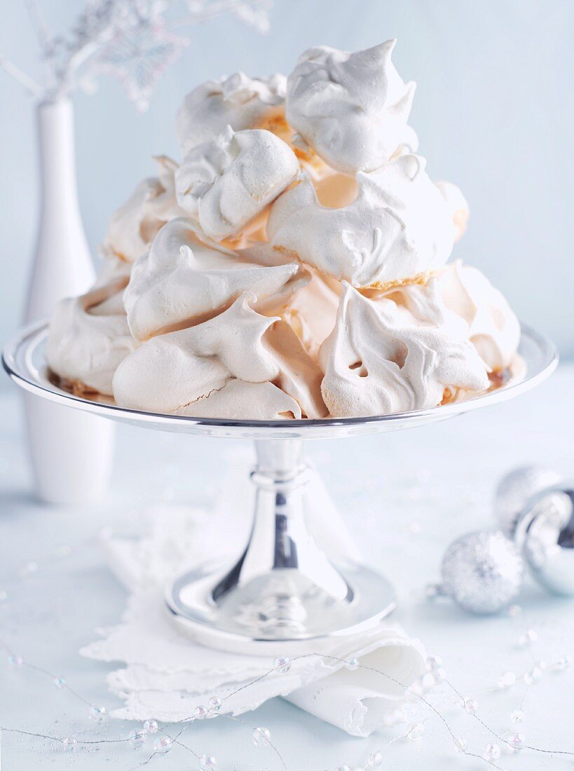 Meringues in a silver bowl for Christmas