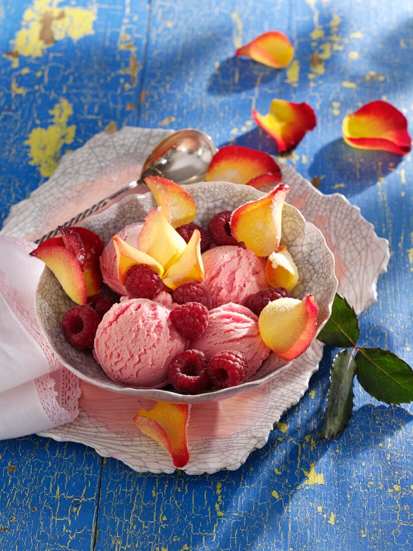 Raspberry and rose ice cream