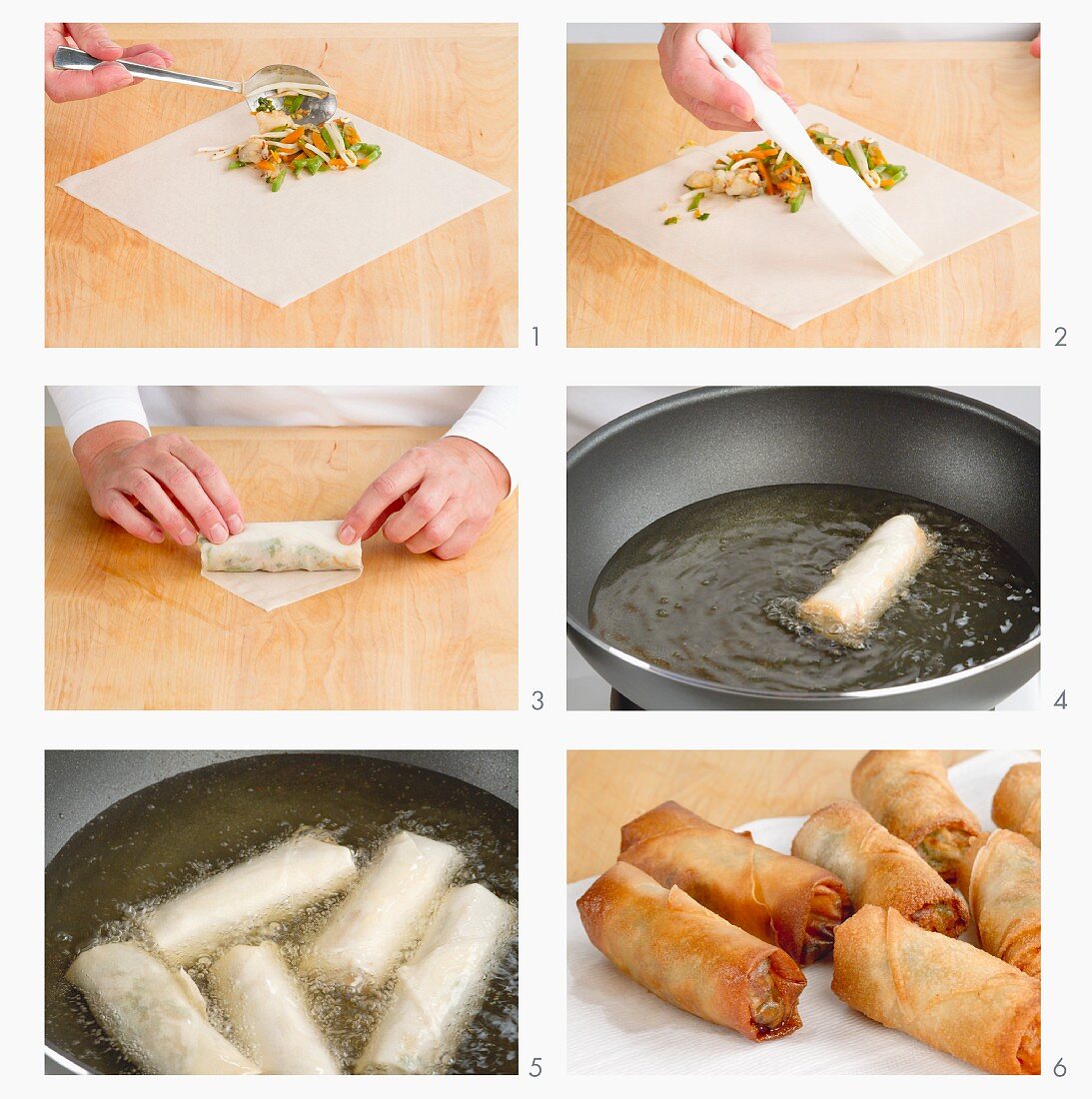 Spring roll sheets being filled and fried
