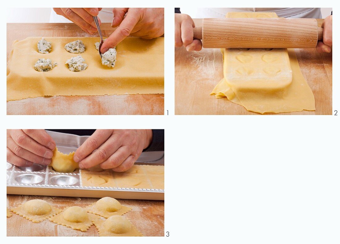 Ravioli being made on a ravioli board