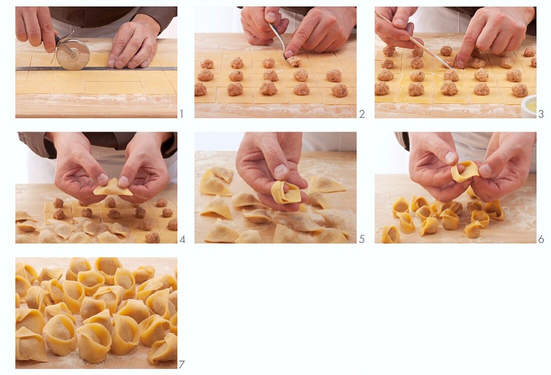 Tortellini filled with meat being made