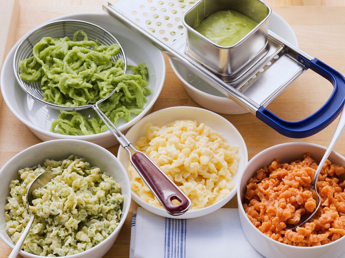 Various types of Spätzle (soft egg noodles from Swabia)