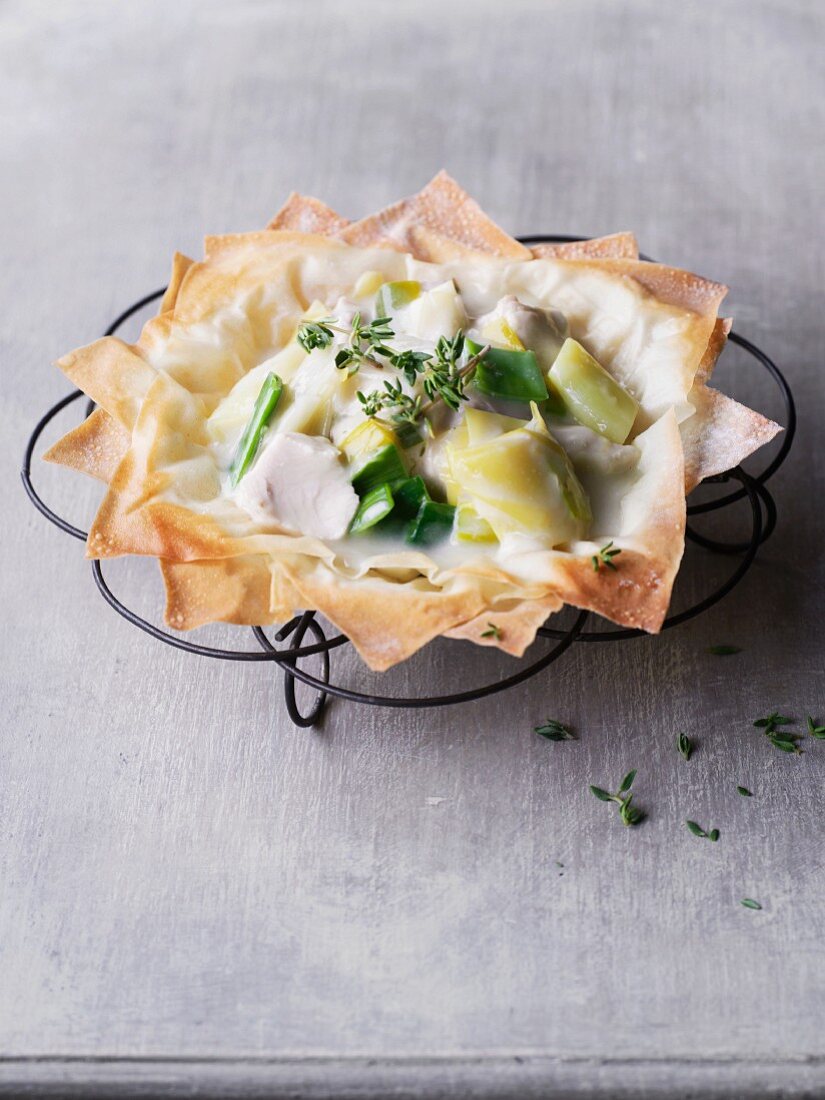 Chicken and vegetable ragout in puff pastry