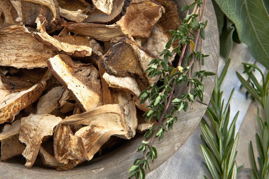 Dried porcini mushrooms and herbs