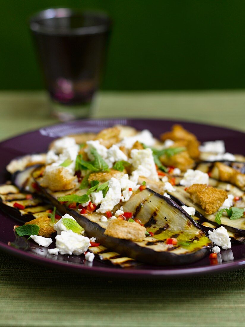 Grilled aubergines with feta and mint
