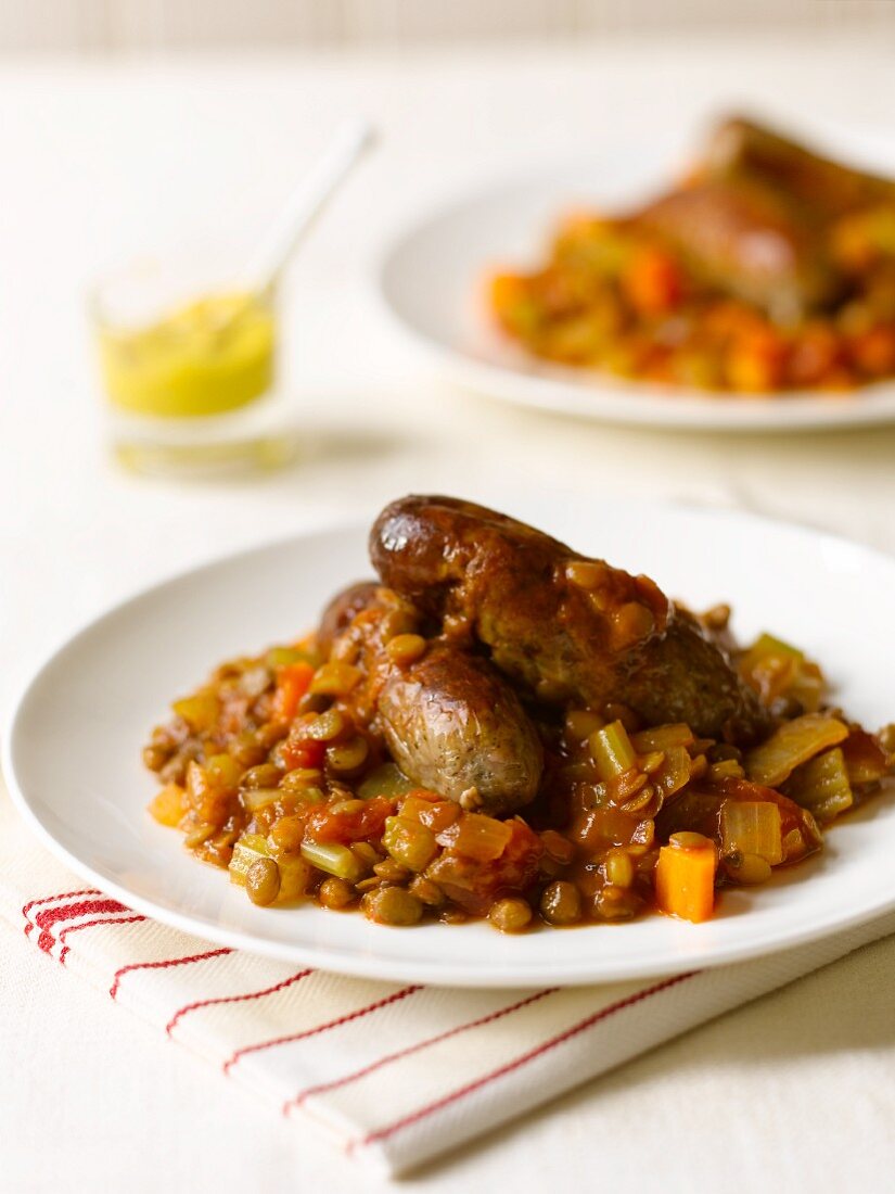 Sausages with a lentil medley