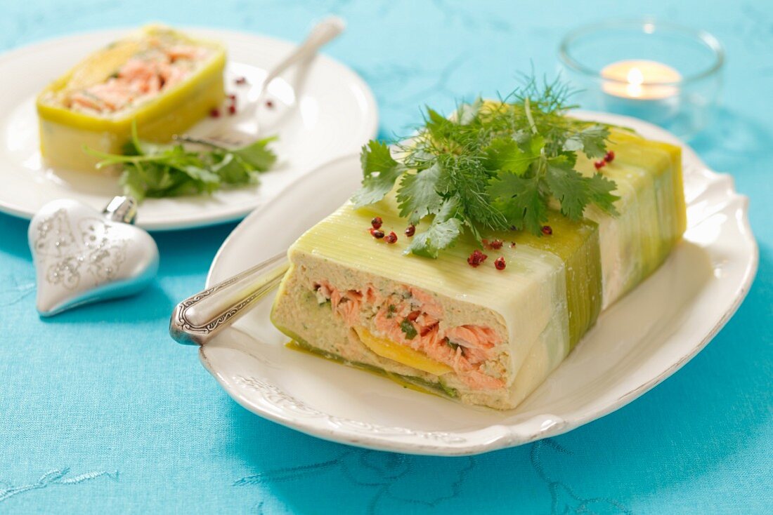 Salmon and mango terrine wrapped in leek for Christmas