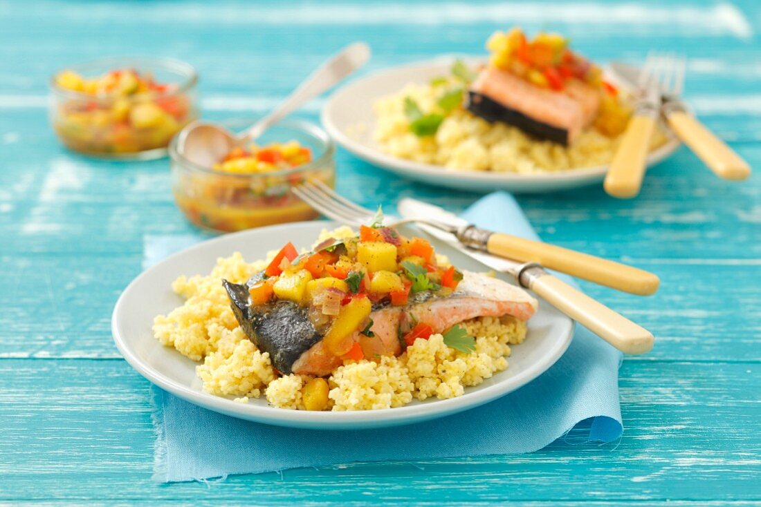 Salmon with warm mango salsa and couscous