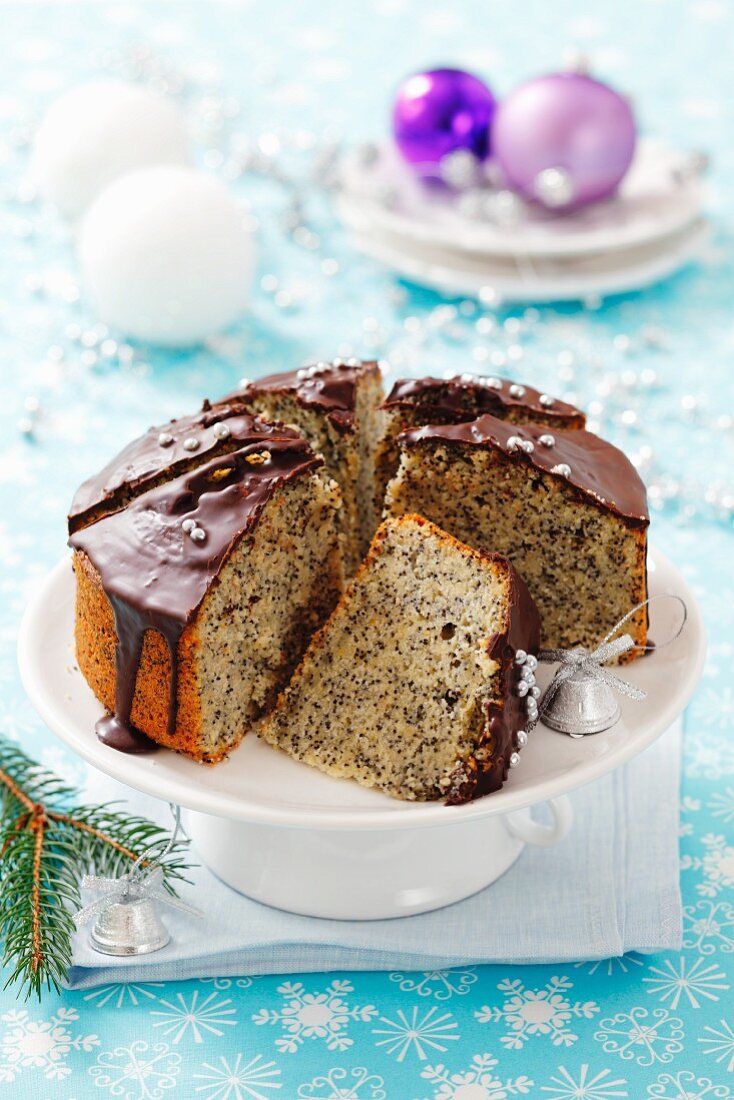 Poppy seed cake with chocolate icing for Christmas