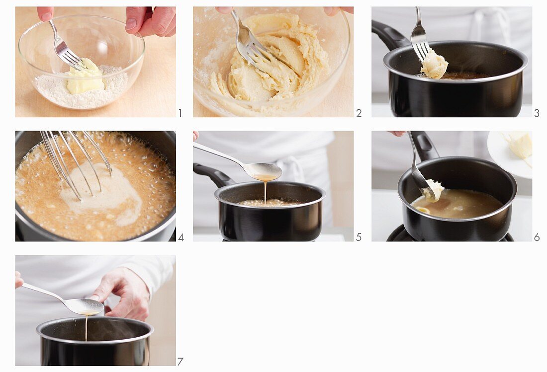 Gravy being thickened with flour-butter