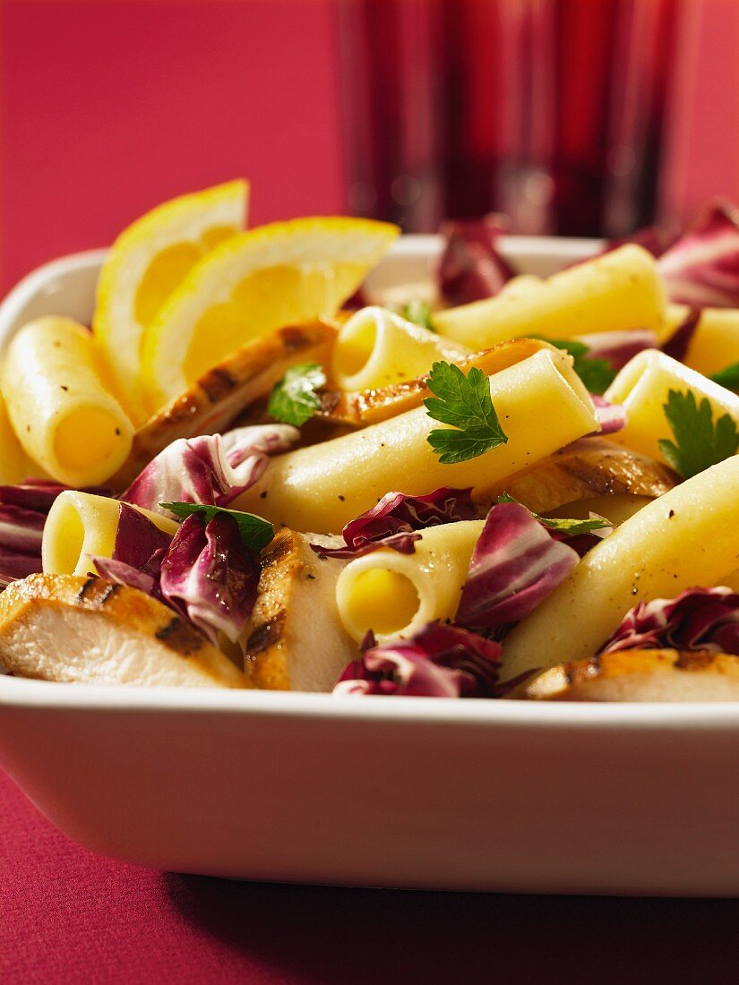 Maccaroni with grilled chicken strips and radicchio