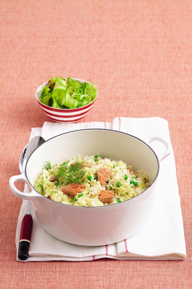 Vegetables and salmon risotto