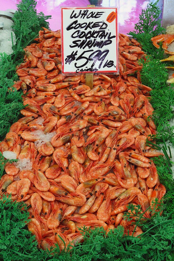Cocktailshrimps auf dem Pike Place Fischmarkt in Seattle, USA
