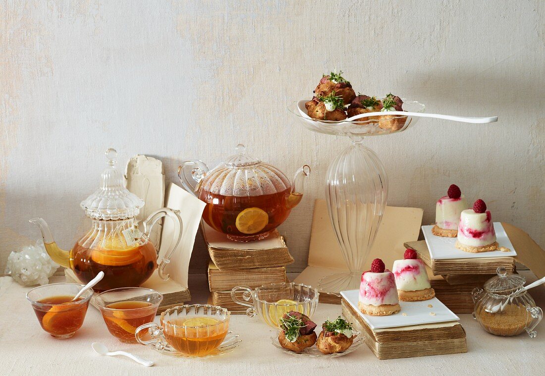 Tea, choux pastry and raspberry panna cotta