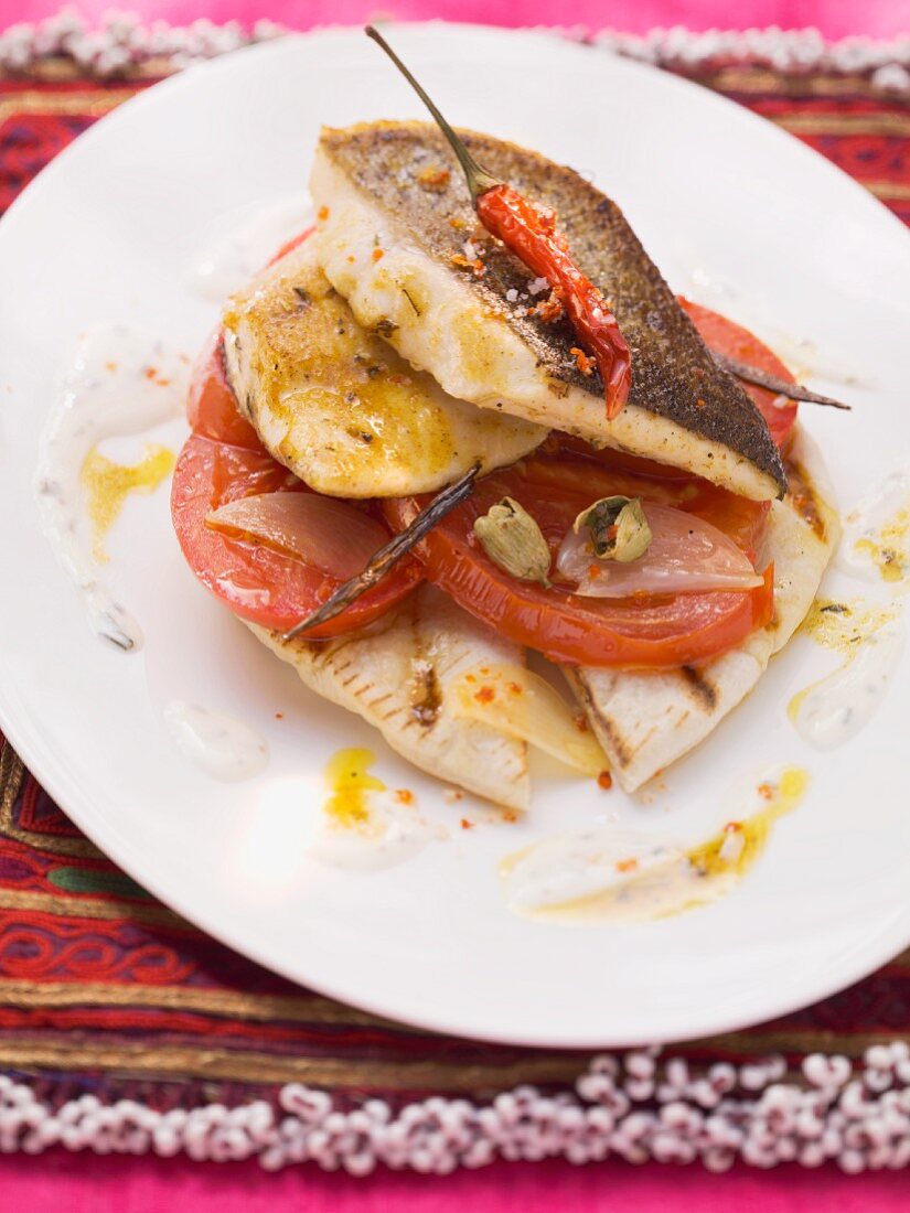 Fried trout with tomatoes on yogurt sauce with zatar